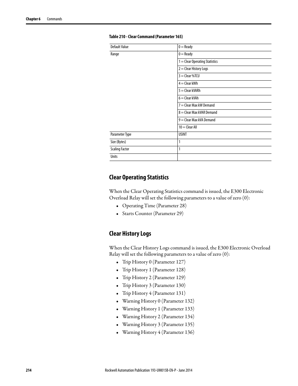 Clear operating statistics, Clear history logs, Clear operating statistics clear history logs | Rockwell Automation 592- E300 Overload Relay User Manual User Manual | Page 214 / 424