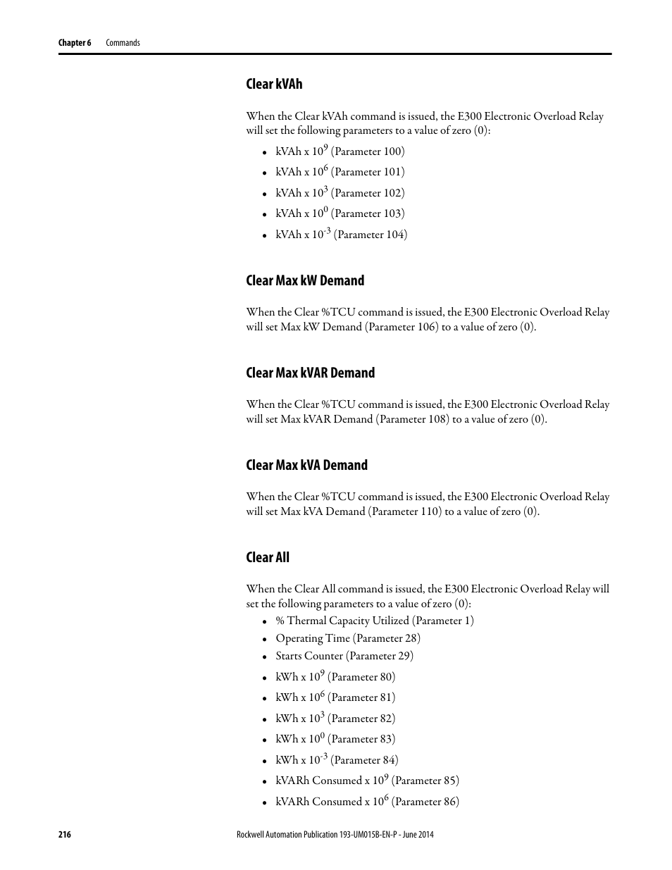 Clear kvah, Clear max kw demand, Clear max kvar demand | Clear max kva demand, Clear all | Rockwell Automation 592- E300 Overload Relay User Manual User Manual | Page 216 / 424