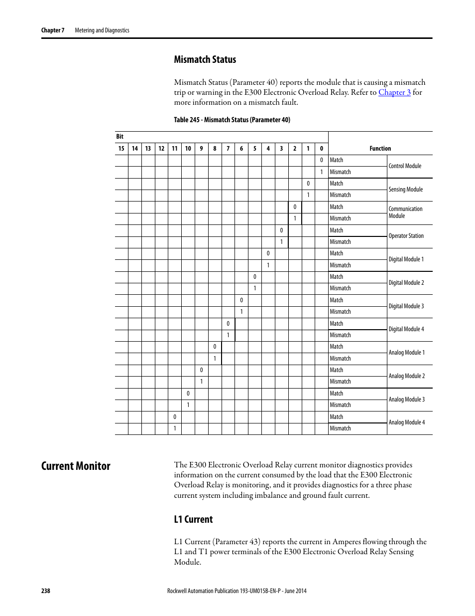 Mismatch status, Current monitor, L1 current | Rockwell Automation 592- E300 Overload Relay User Manual User Manual | Page 238 / 424