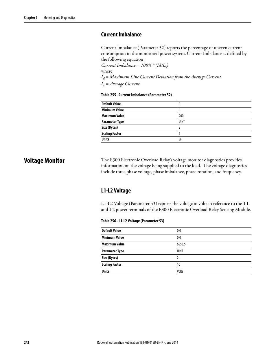 Current imbalance, Voltage monitor, L1-l2 voltage | Rockwell Automation 592- E300 Overload Relay User Manual User Manual | Page 242 / 424