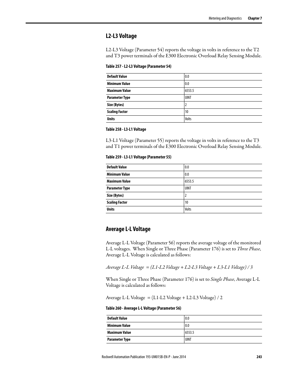 L2-l3 voltage, Average l-l voltage, L2-l3 voltage average l-l voltage | Rockwell Automation 592- E300 Overload Relay User Manual User Manual | Page 243 / 424