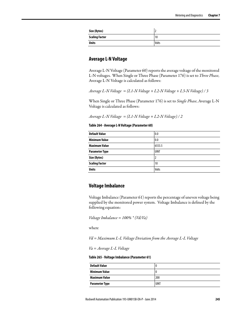 Average l-n voltage, Voltage imbalance, Average l-n voltage voltage imbalance | Rockwell Automation 592- E300 Overload Relay User Manual User Manual | Page 245 / 424