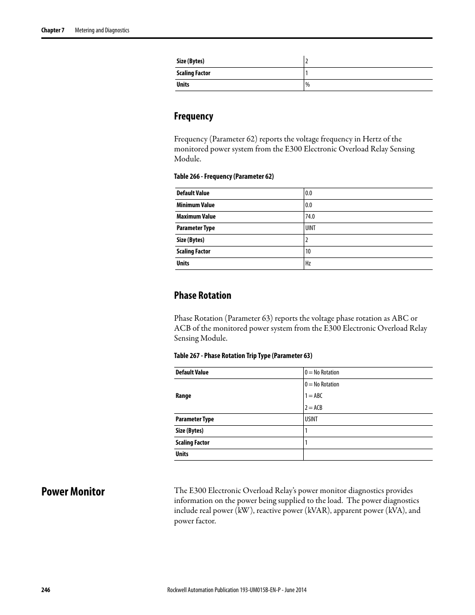 Frequency, Phase rotation, Power monitor | Frequency phase rotation | Rockwell Automation 592- E300 Overload Relay User Manual User Manual | Page 246 / 424