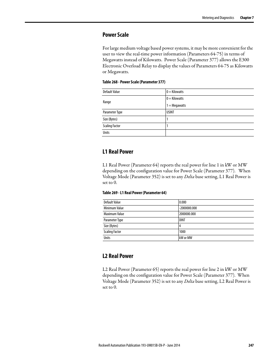 Power scale, L1 real power, L2 real power | Power scale l1 real power l2 real power | Rockwell Automation 592- E300 Overload Relay User Manual User Manual | Page 247 / 424