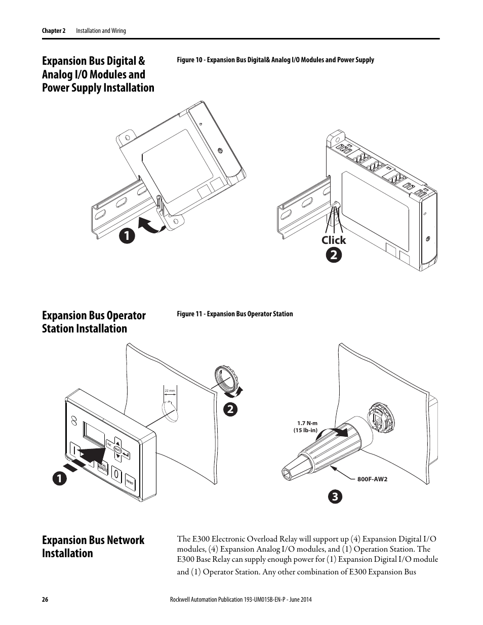 Expansion bus operator station installation, Expansion bus network installation, Click | Rockwell Automation 592- E300 Overload Relay User Manual User Manual | Page 26 / 424