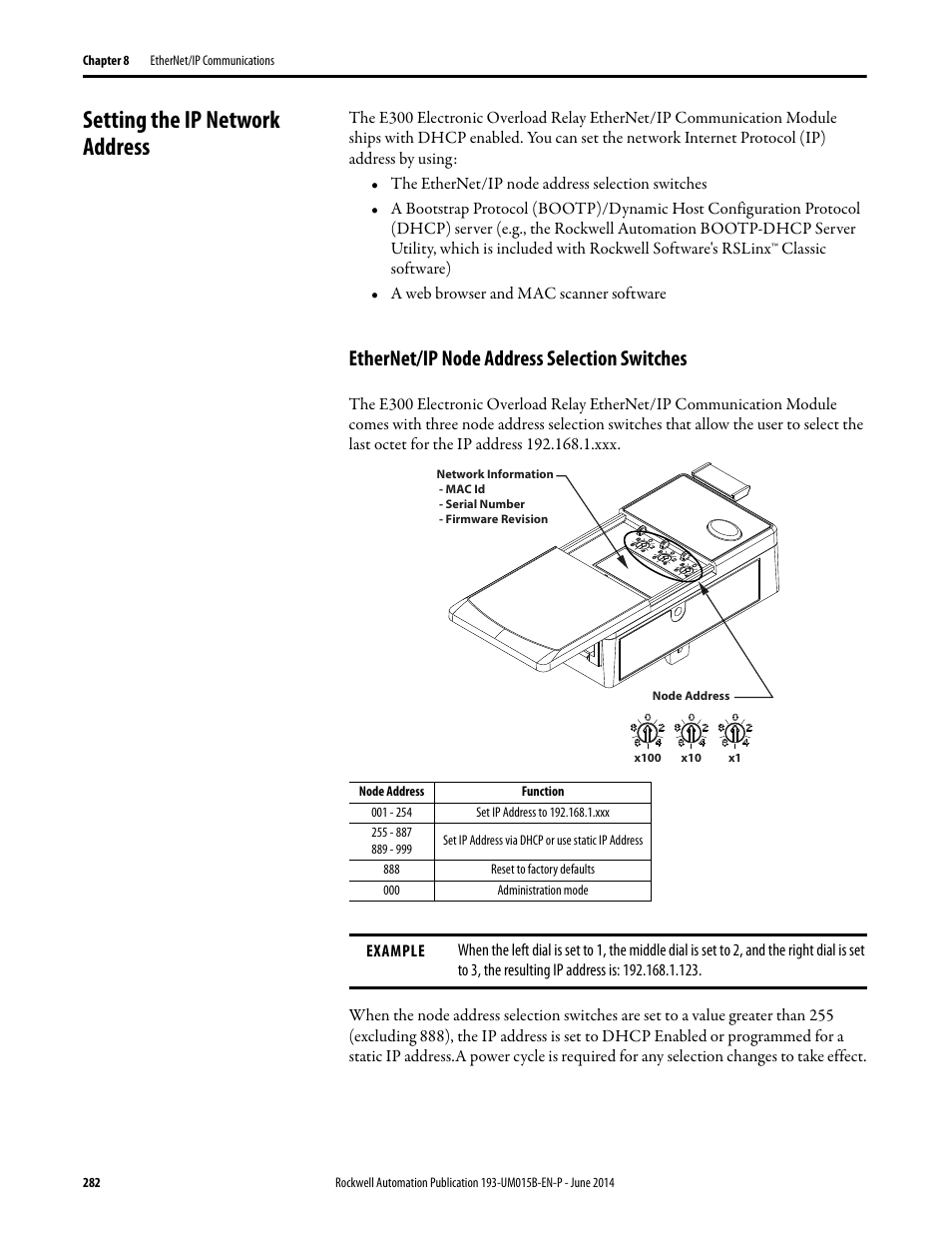 Setting the ip network address, Ethernet/ip node address selection switches | Rockwell Automation 592- E300 Overload Relay User Manual User Manual | Page 282 / 424