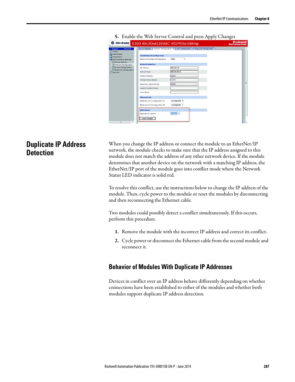 Duplicate ip address detection, Behavior of modules with duplicate ip addresses | Rockwell Automation 592- E300 Overload Relay User Manual User Manual | Page 287 / 424