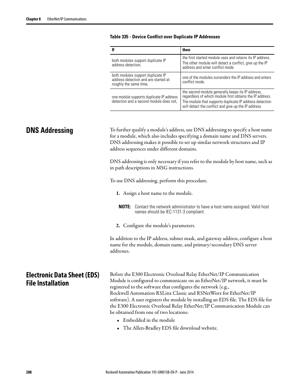 Dns addressing, Electronic data sheet (eds) file installation | Rockwell Automation 592- E300 Overload Relay User Manual User Manual | Page 288 / 424