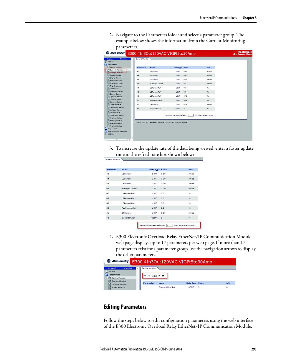 Editing parameters | Rockwell Automation 592- E300 Overload Relay User Manual User Manual | Page 293 / 424