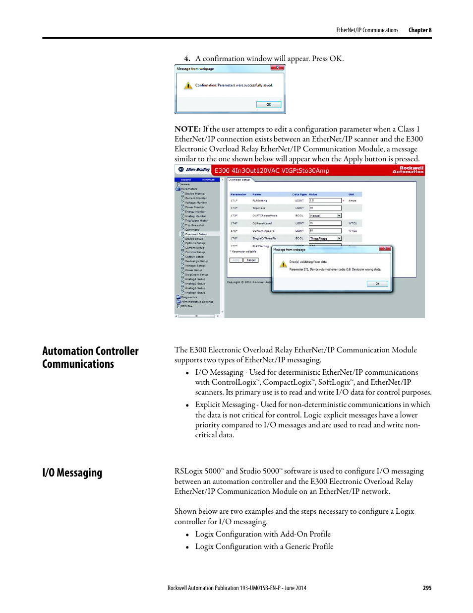 Automation controller communications, I/o messaging, Automation controller communications i/o messaging | Rockwell Automation 592- E300 Overload Relay User Manual User Manual | Page 295 / 424