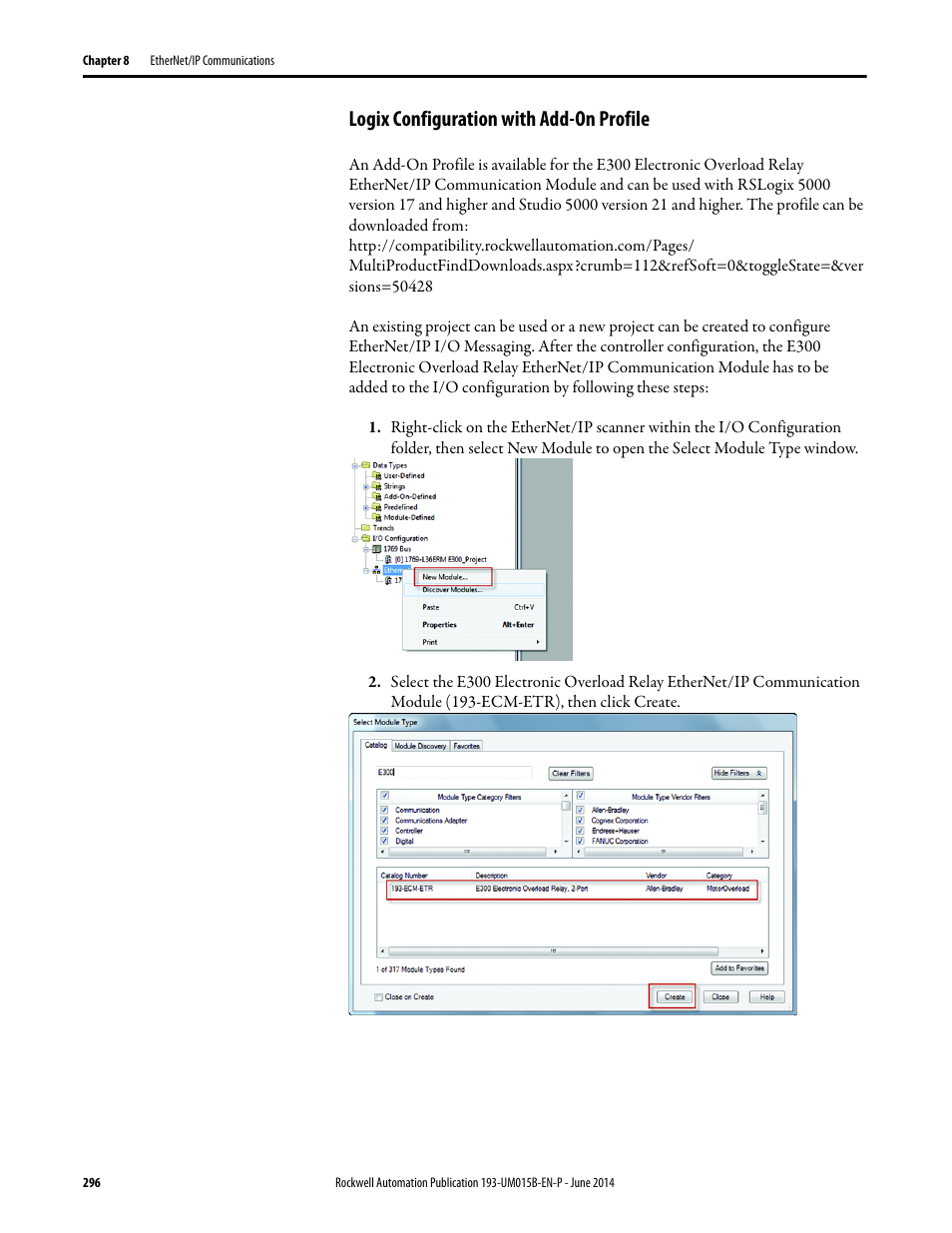 Logix configuration with add-on profile | Rockwell Automation 592- E300 Overload Relay User Manual User Manual | Page 296 / 424