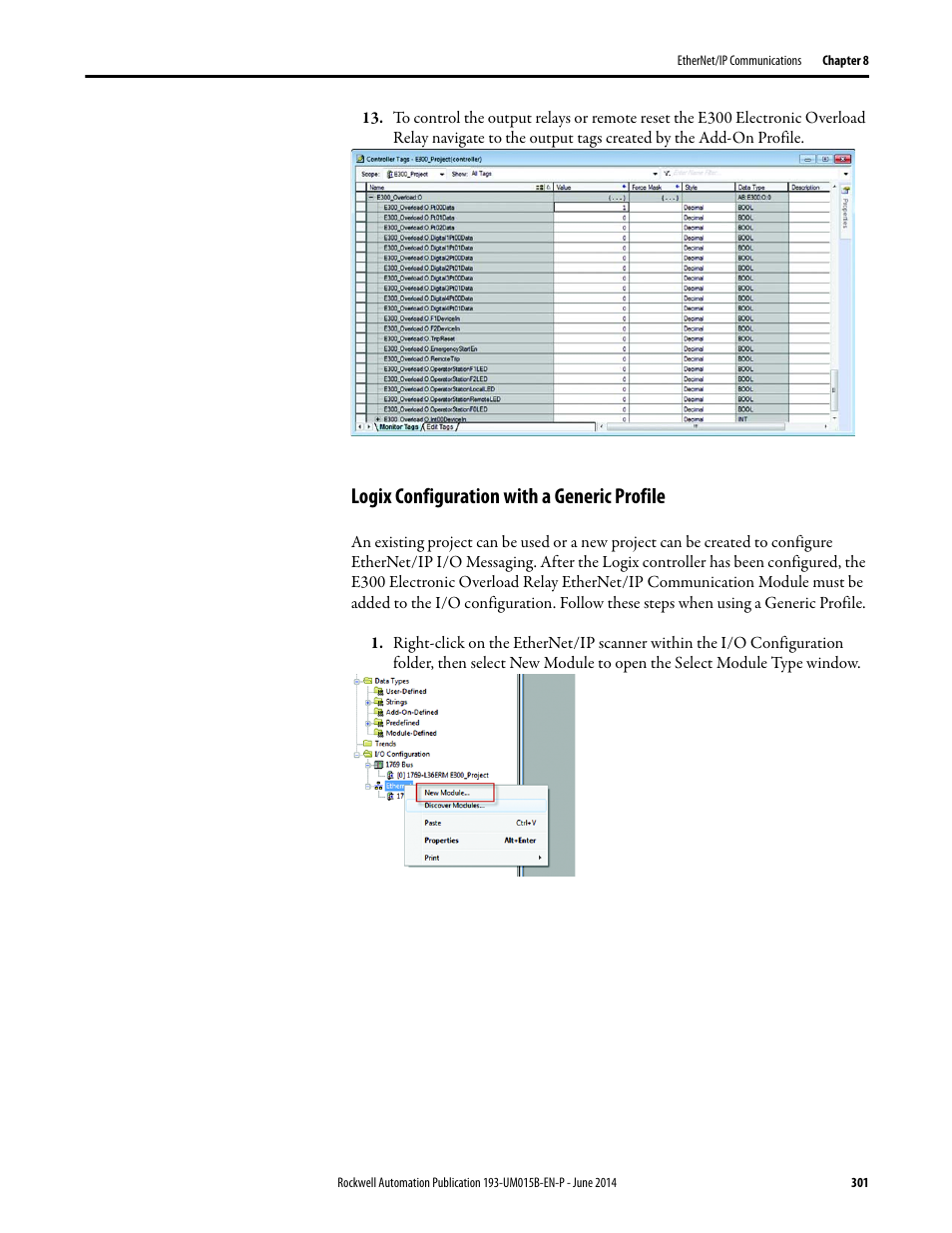 Logix configuration with a generic profile | Rockwell Automation 592- E300 Overload Relay User Manual User Manual | Page 301 / 424