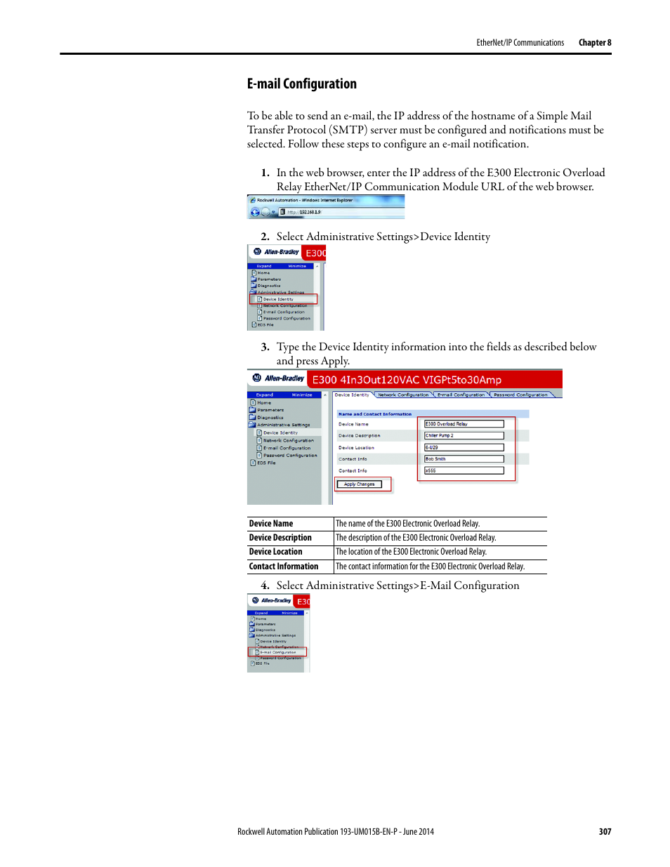 E-mail configuration | Rockwell Automation 592- E300 Overload Relay User Manual User Manual | Page 307 / 424