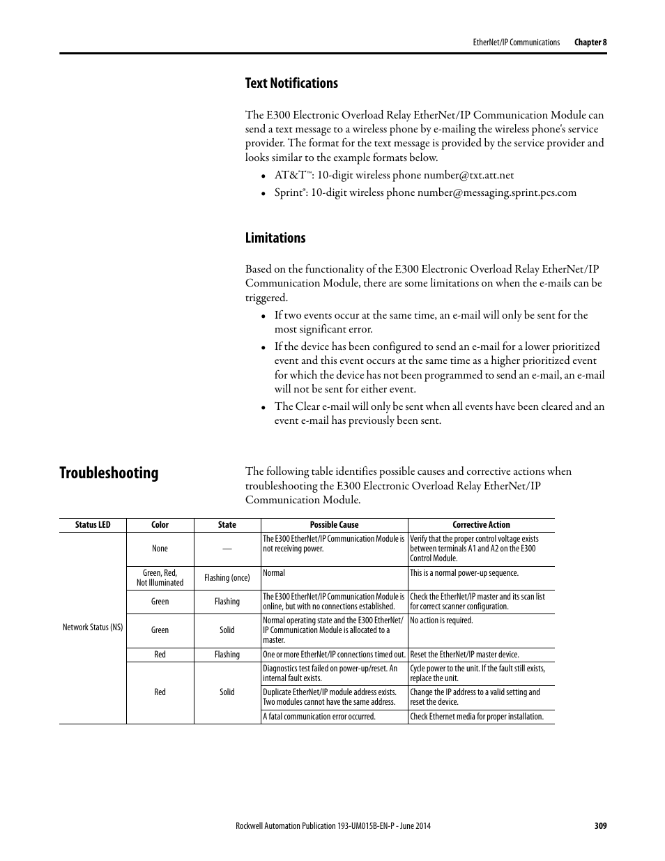 Text notifications, Limitations, Troubleshooting | Text notifications limitations | Rockwell Automation 592- E300 Overload Relay User Manual User Manual | Page 309 / 424