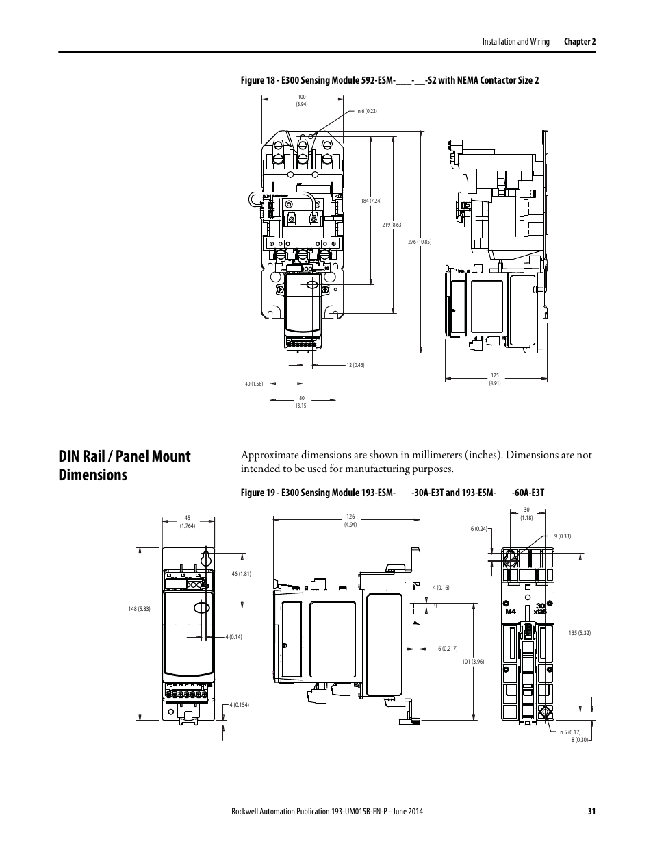 Din rail / panel mount dimensions | Rockwell Automation 592- E300 Overload Relay User Manual User Manual | Page 31 / 424