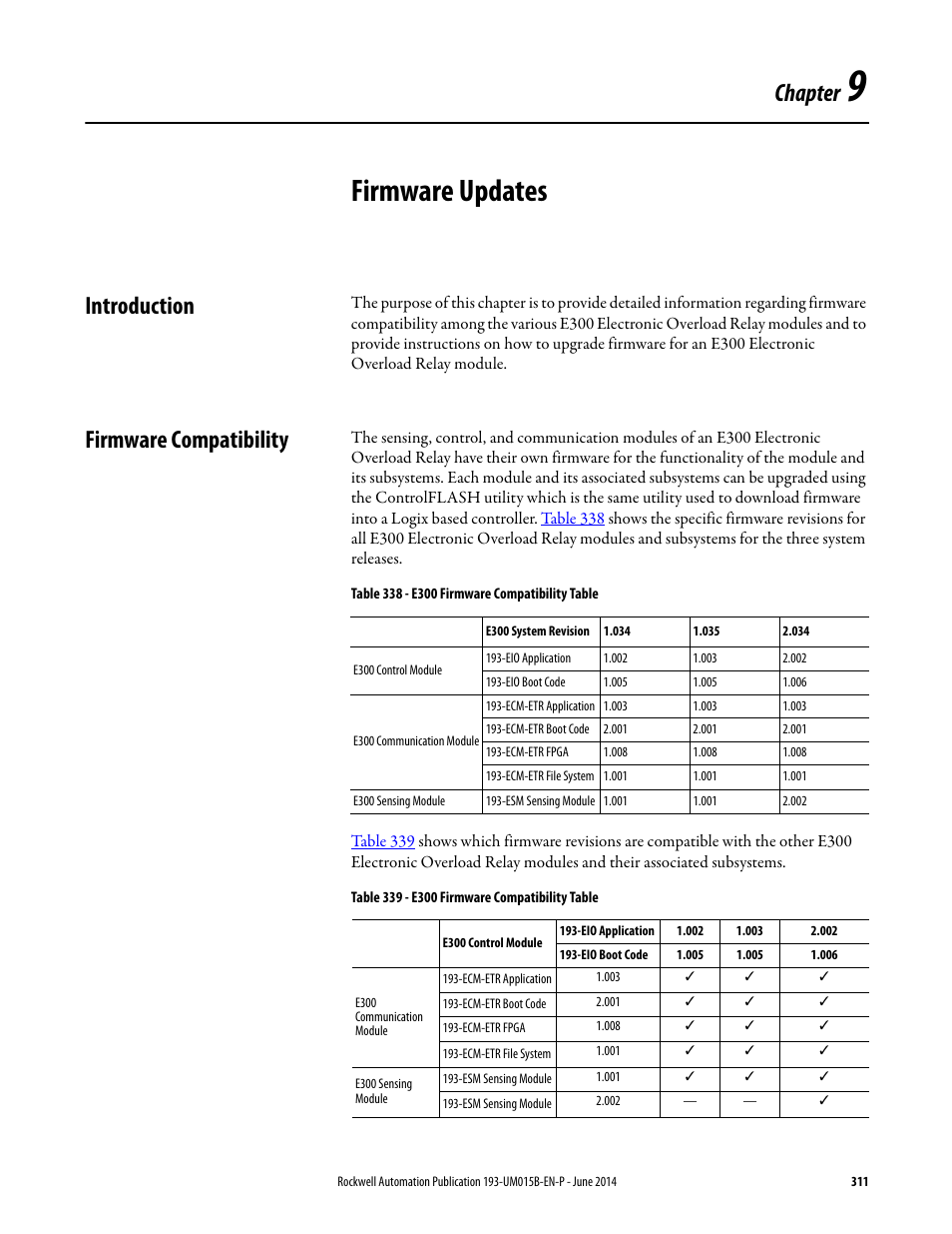Chapter 9, Firmware updates, Introduction | Firmware compatibility, Introduction firmware compatibility, Chapter | Rockwell Automation 592- E300 Overload Relay User Manual User Manual | Page 311 / 424