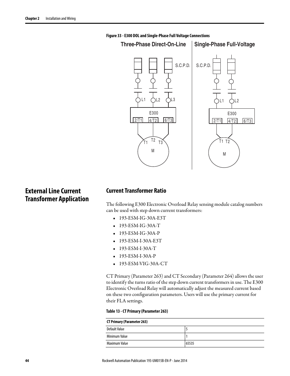 External line current transformer application, Current transformer ratio | Rockwell Automation 592- E300 Overload Relay User Manual User Manual | Page 44 / 424