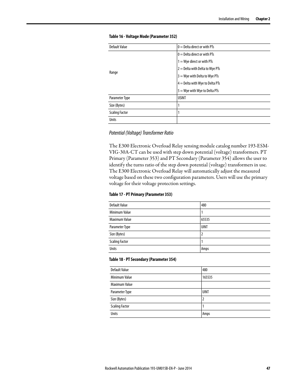 Potential (voltage) transformer ratio | Rockwell Automation 592- E300 Overload Relay User Manual User Manual | Page 47 / 424