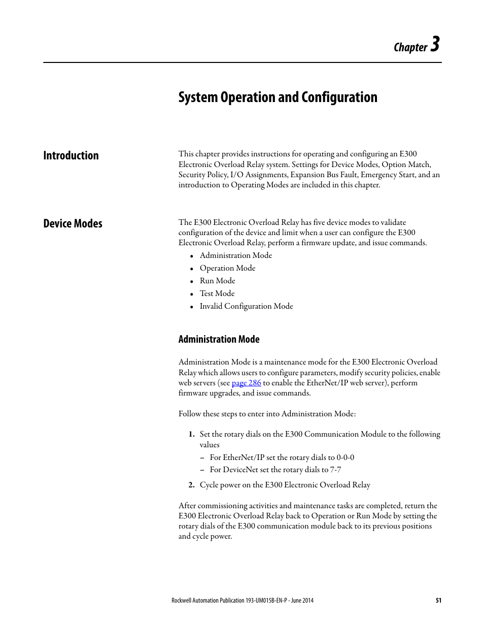 Chapter 3, System operation and configuration, Introduction | Device modes, Administration mode, Introduction device modes, Chapter | Rockwell Automation 592- E300 Overload Relay User Manual User Manual | Page 51 / 424