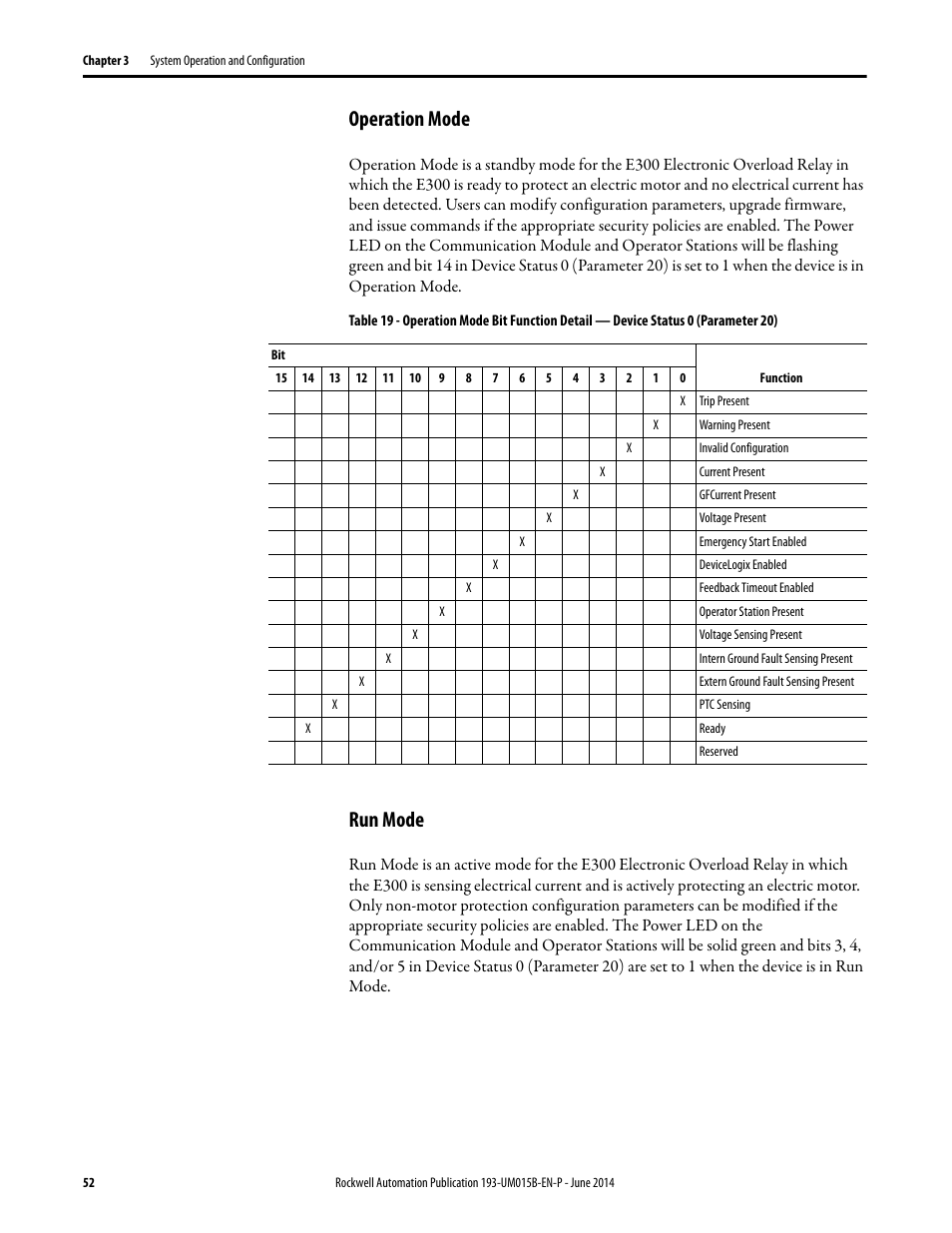 Operation mode, Run mode, Operation mode run mode | Rockwell Automation 592- E300 Overload Relay User Manual User Manual | Page 52 / 424