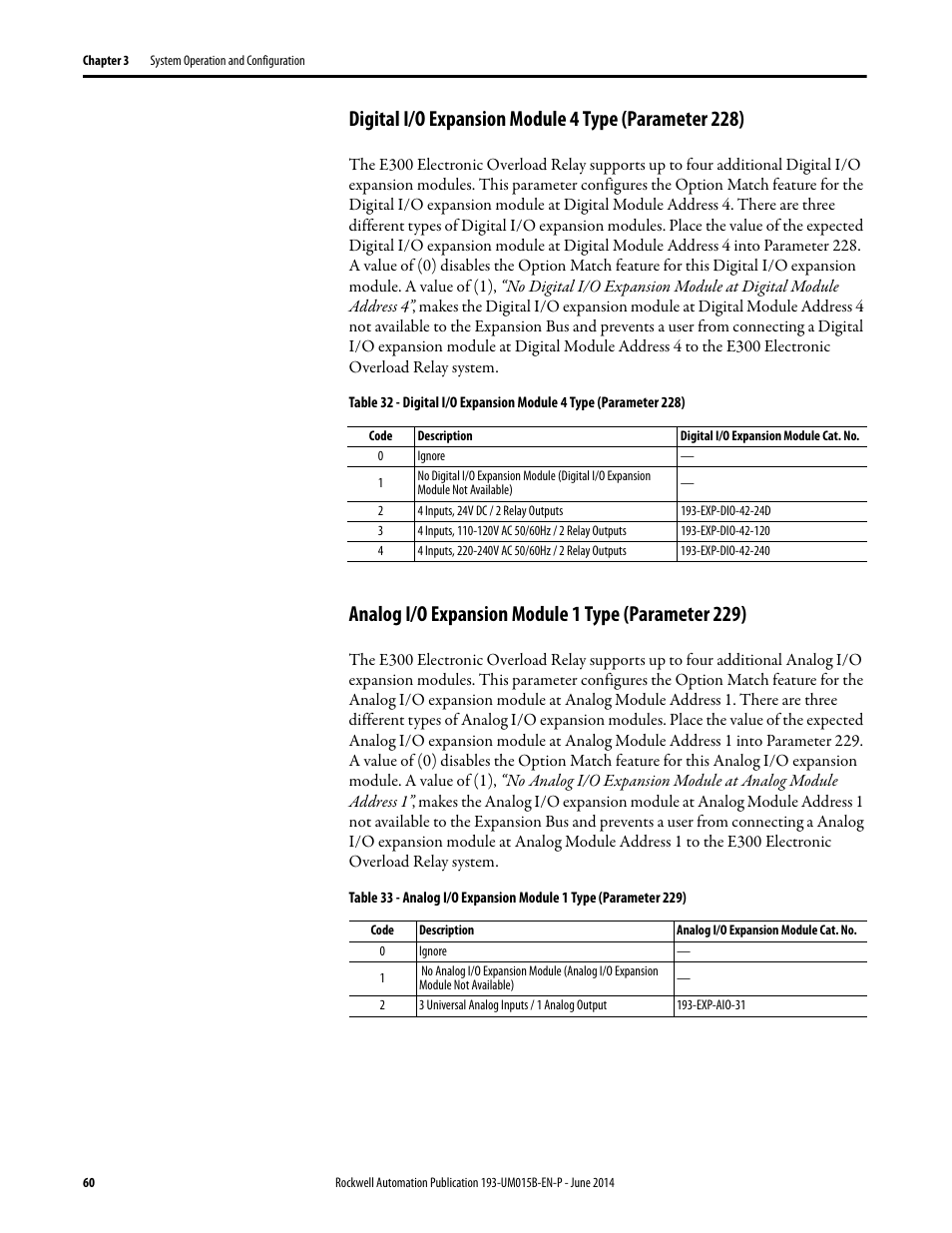 Analog i/o expansion module 1 type (parameter 229) | Rockwell Automation 592- E300 Overload Relay User Manual User Manual | Page 60 / 424