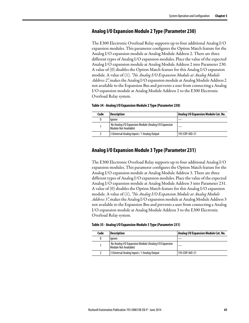 Analog i/o expansion module 2 type (parameter 230), Analog i/o expansion module 3 type (parameter 231) | Rockwell Automation 592- E300 Overload Relay User Manual User Manual | Page 61 / 424