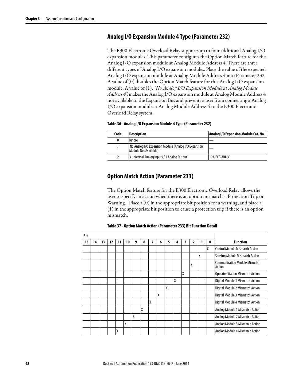 Analog i/o expansion module 4 type (parameter 232), Option match action (parameter 233) | Rockwell Automation 592- E300 Overload Relay User Manual User Manual | Page 62 / 424