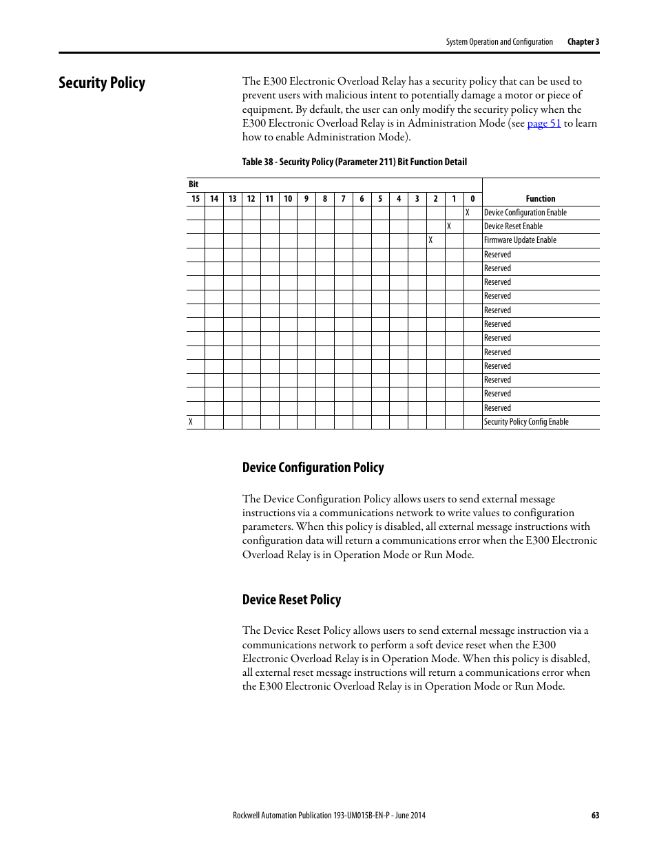Security policy, Device configuration policy, Device reset policy | Device configuration policy device reset policy | Rockwell Automation 592- E300 Overload Relay User Manual User Manual | Page 63 / 424