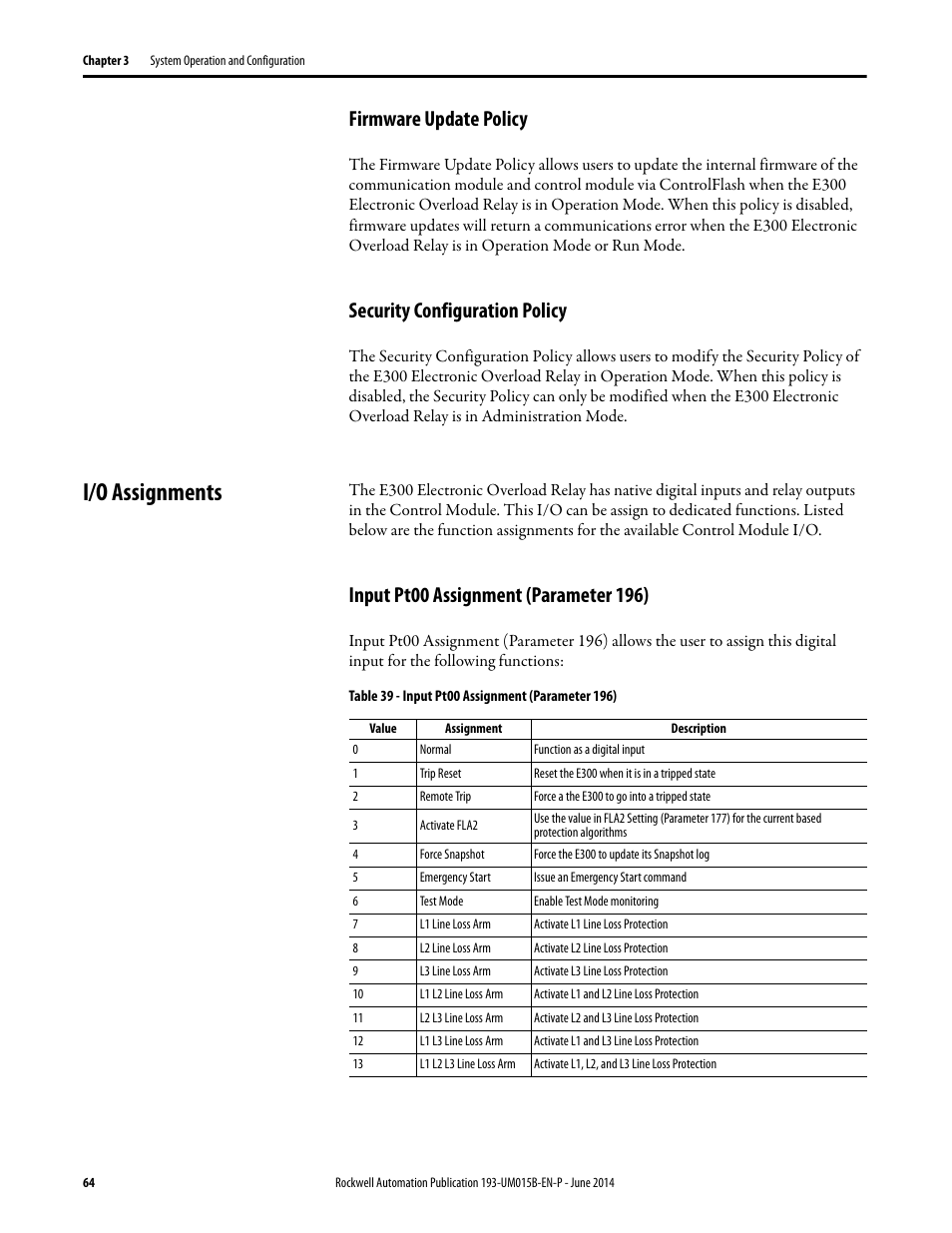 Firmware update policy, Security configuration policy, I/o assignments | Input pt00 assignment (parameter 196) | Rockwell Automation 592- E300 Overload Relay User Manual User Manual | Page 64 / 424