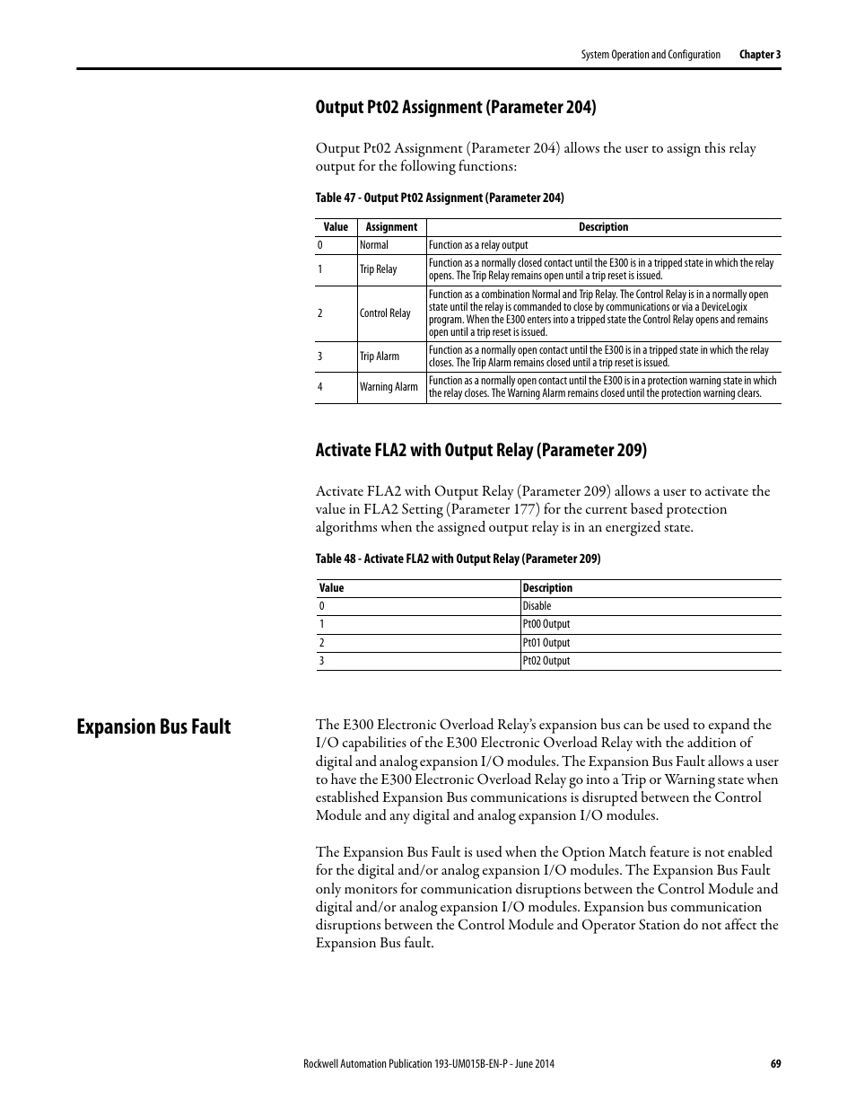 Output pt02 assignment (parameter 204), Activate fla2 with output relay (parameter 209), Expansion bus fault | Rockwell Automation 592- E300 Overload Relay User Manual User Manual | Page 69 / 424