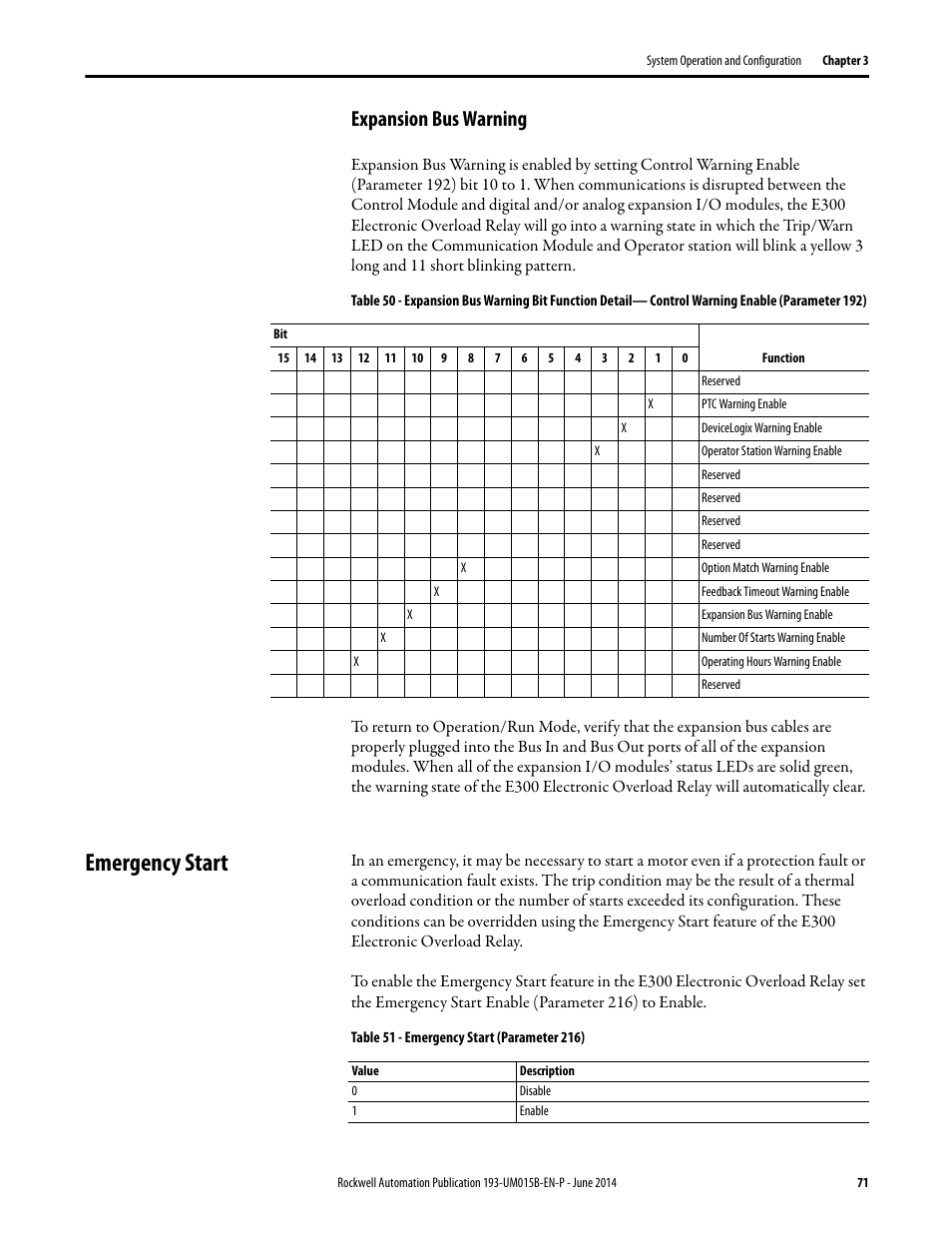 Expansion bus warning, Emergency start | Rockwell Automation 592- E300 Overload Relay User Manual User Manual | Page 71 / 424