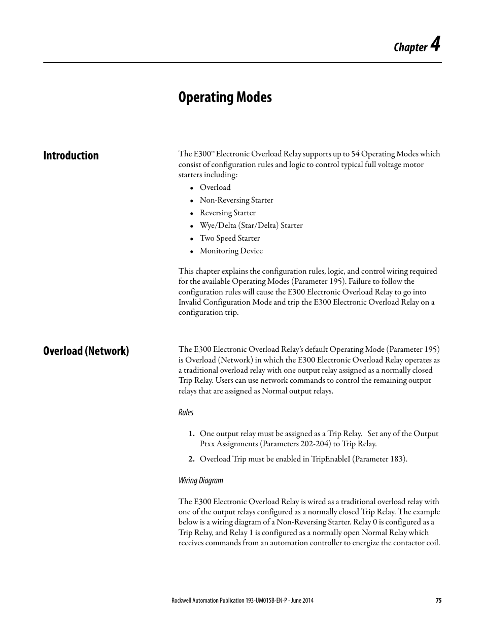 Chapter 4, Operating modes, Introduction | Overload (network), Introduction overload (network), Operating, Desc, Chapter | Rockwell Automation 592- E300 Overload Relay User Manual User Manual | Page 75 / 424