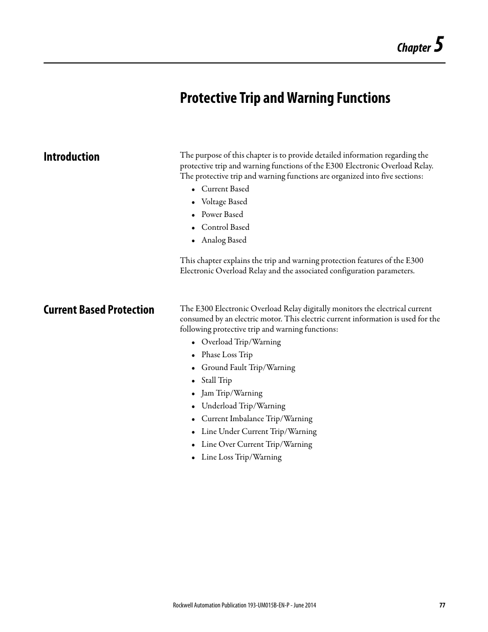Chapter 5, Protective trip and warning functions, Introduction | Current based protection, Introduction current based protection, Chapter | Rockwell Automation 592- E300 Overload Relay User Manual User Manual | Page 77 / 424