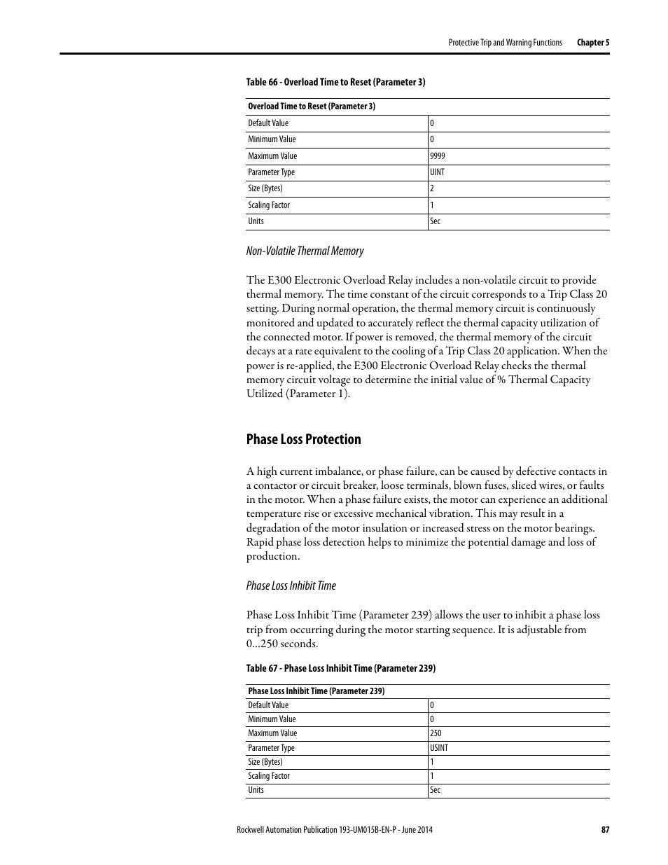 Phase loss protection | Rockwell Automation 592- E300 Overload Relay User Manual User Manual | Page 87 / 424