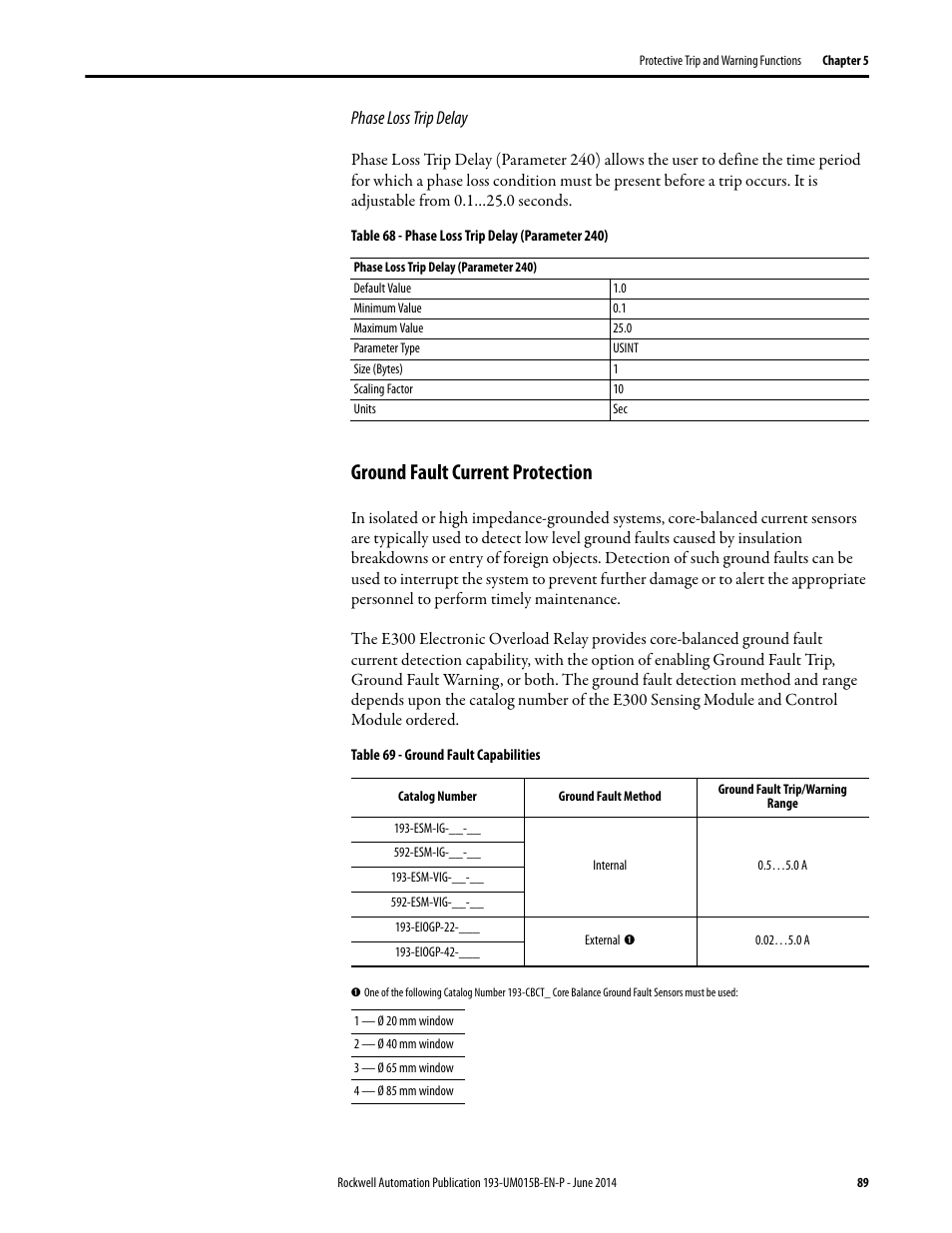 Ground fault current protection, Phase loss trip delay | Rockwell Automation 592- E300 Overload Relay User Manual User Manual | Page 89 / 424