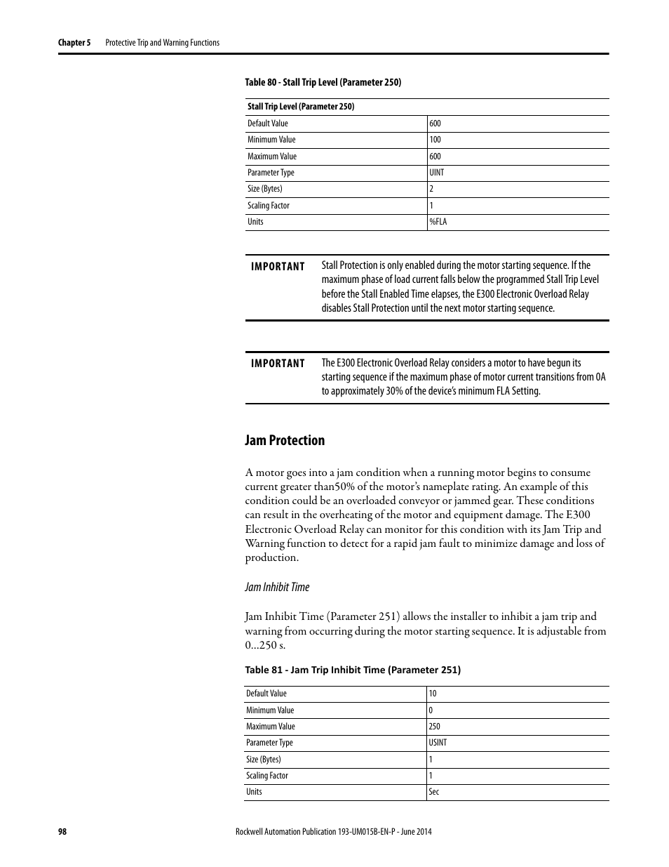 Jam protection | Rockwell Automation 592- E300 Overload Relay User Manual User Manual | Page 98 / 424