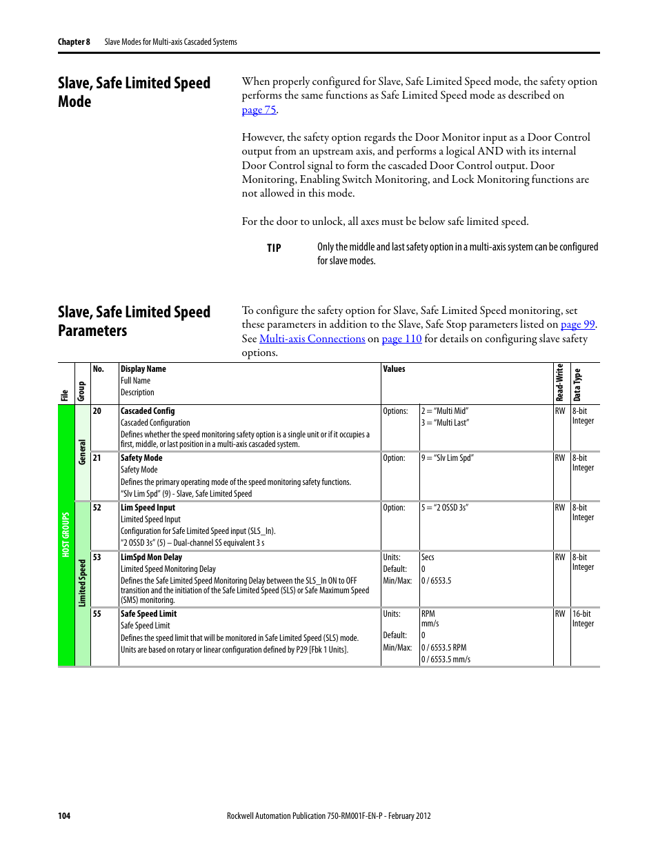 Slave, safe limited speed mode, Slave, safe limited speed parameters | Rockwell Automation 21G PowerFlex 750-Series AC Drives Reference Manual User Manual | Page 104 / 184