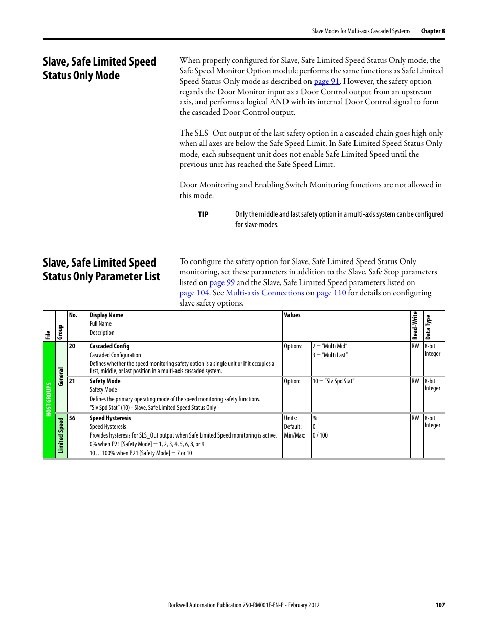 Slave, safe limited speed status only mode | Rockwell Automation 21G PowerFlex 750-Series AC Drives Reference Manual User Manual | Page 107 / 184