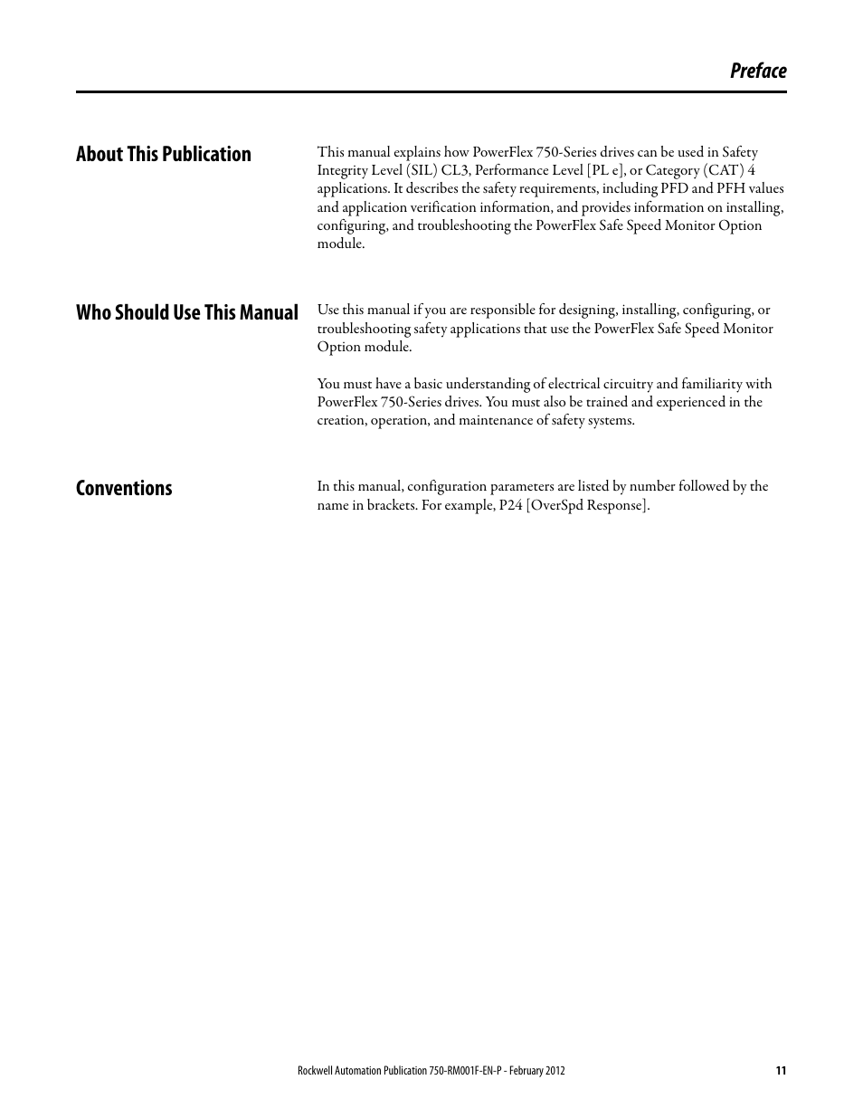 Preface, About this publication, Who should use this manual | Conventions, Preface about this publication | Rockwell Automation 21G PowerFlex 750-Series AC Drives Reference Manual User Manual | Page 11 / 184