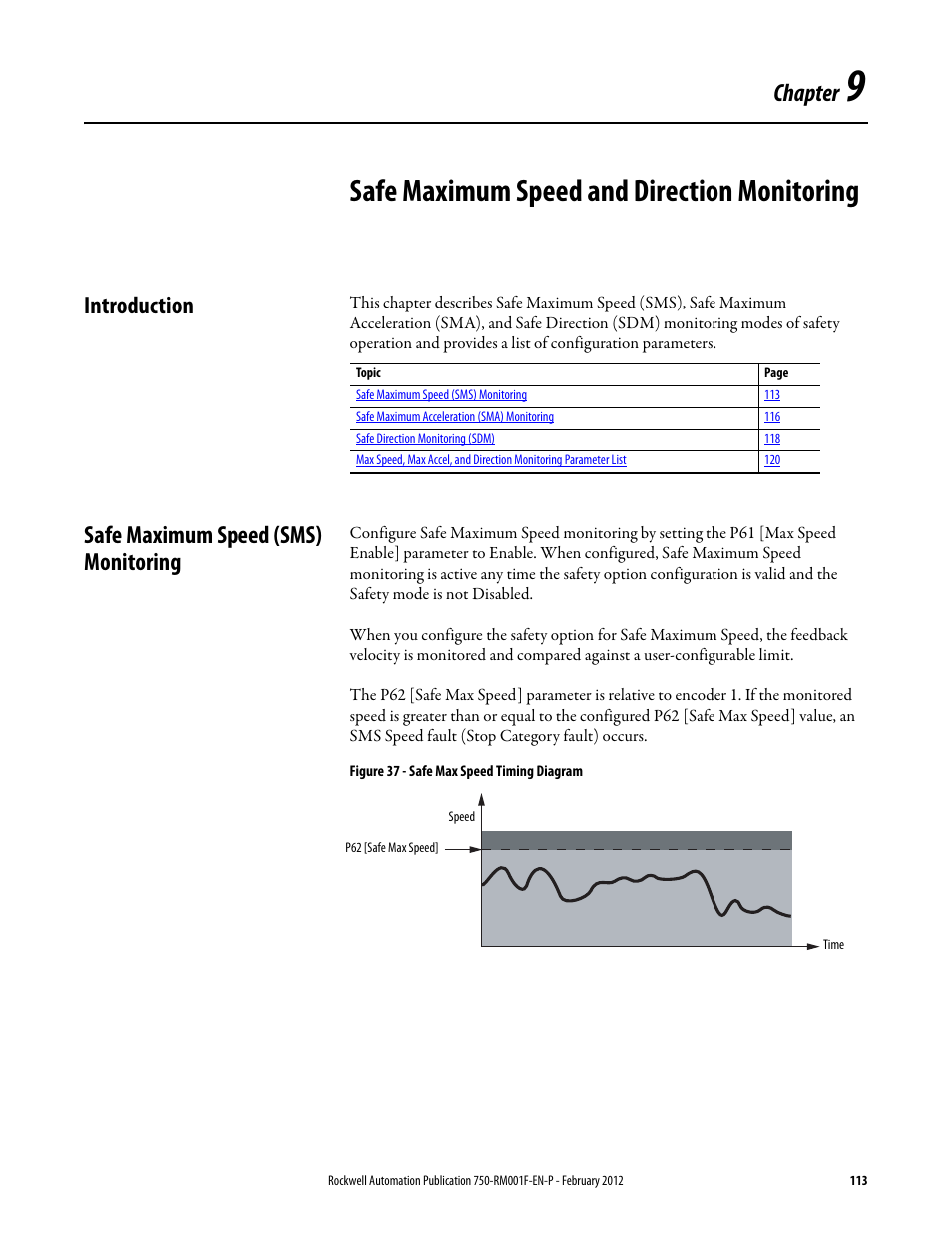 Safe maximum speed and direction monitoring, Introduction, Safe maximum speed (sms) monitoring | Chapter 9, Introduction safe maximum speed (sms) monitoring, Chapter | Rockwell Automation 21G PowerFlex 750-Series AC Drives Reference Manual User Manual | Page 113 / 184
