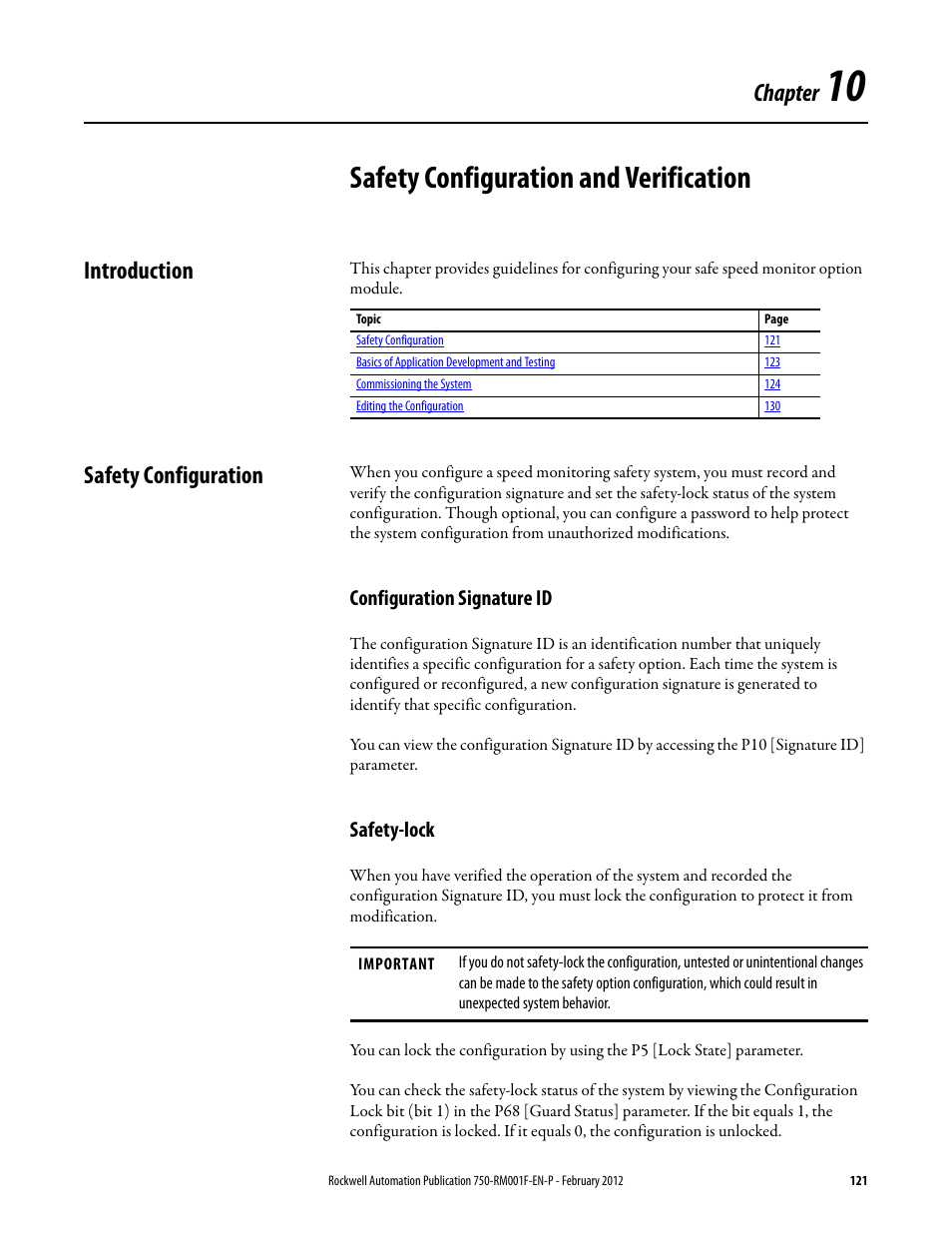 Safety configuration and verification, Introduction, Safety configuration | Configuration signature id, Safety-lock, Chapter 10, Introduction safety configuration, Configuration signature id safety-lock, Chapter | Rockwell Automation 21G PowerFlex 750-Series AC Drives Reference Manual User Manual | Page 121 / 184