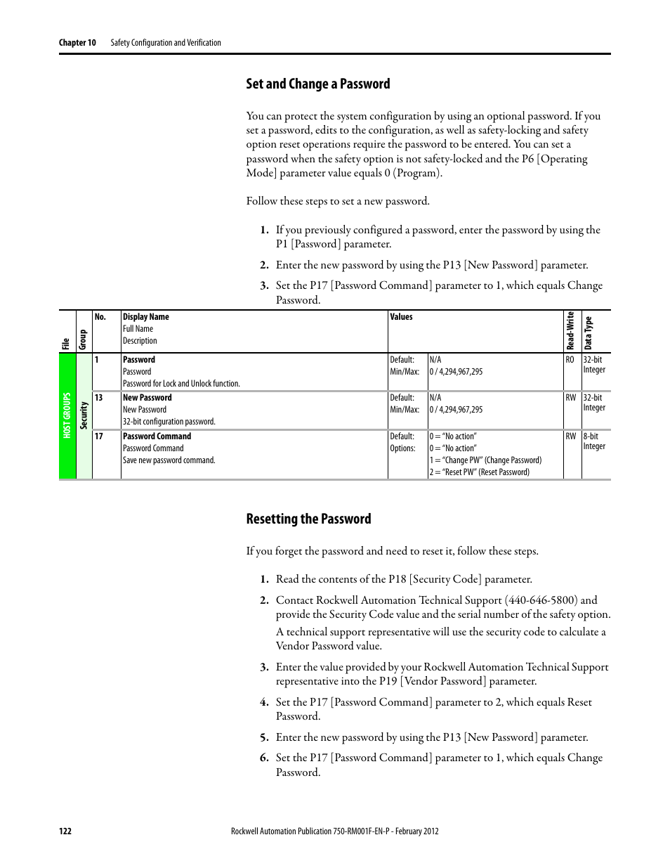 Set and change a password, Resetting the password, Set and change a password resetting the password | Rockwell Automation 21G PowerFlex 750-Series AC Drives Reference Manual User Manual | Page 122 / 184