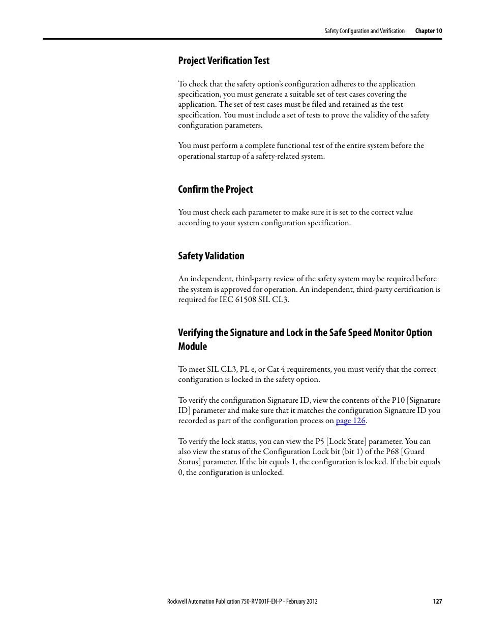 Project verification test, Confirm the project, Safety validation | Rockwell Automation 21G PowerFlex 750-Series AC Drives Reference Manual User Manual | Page 127 / 184