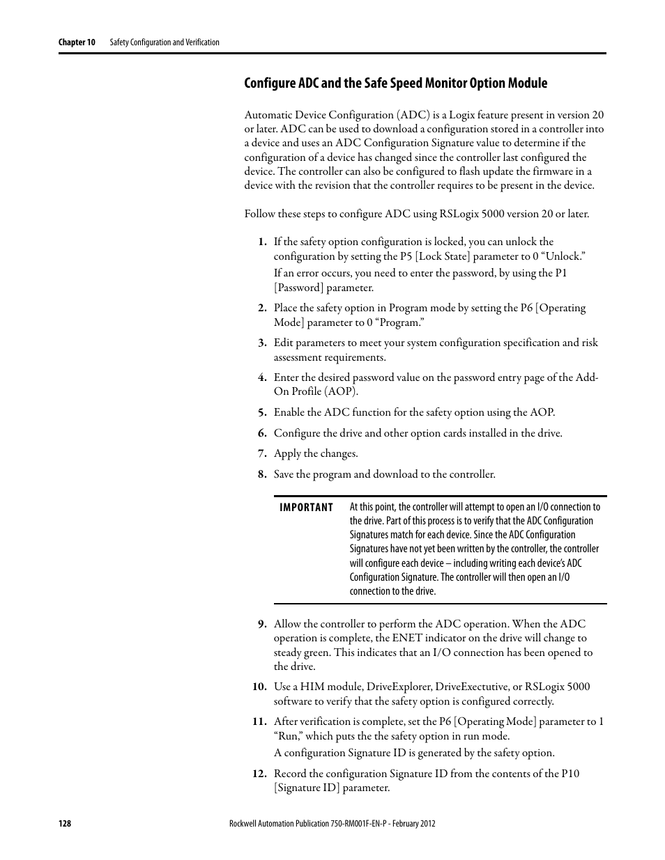 Configure adc and the safe | Rockwell Automation 21G PowerFlex 750-Series AC Drives Reference Manual User Manual | Page 128 / 184