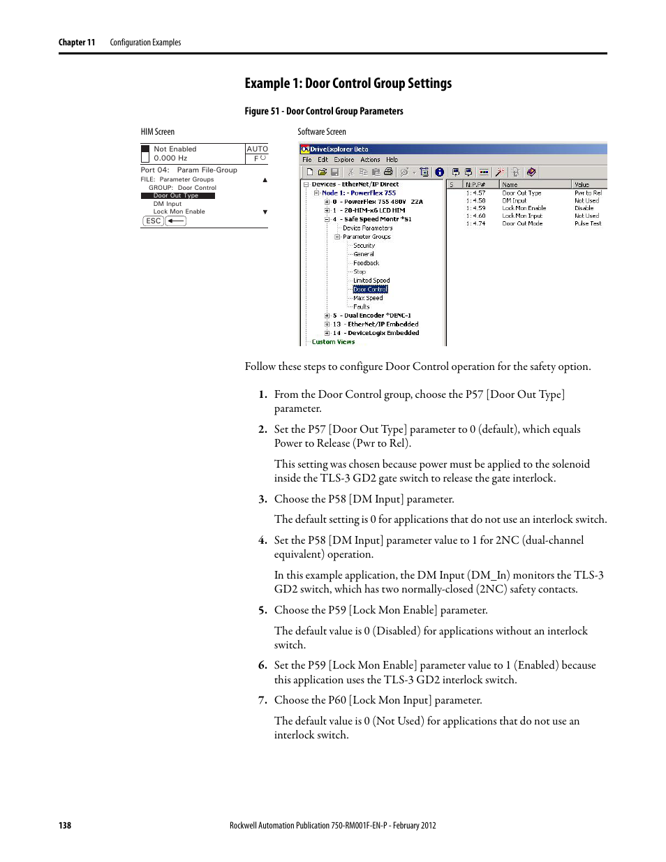 Example 1: door control group settings | Rockwell Automation 21G PowerFlex 750-Series AC Drives Reference Manual User Manual | Page 138 / 184