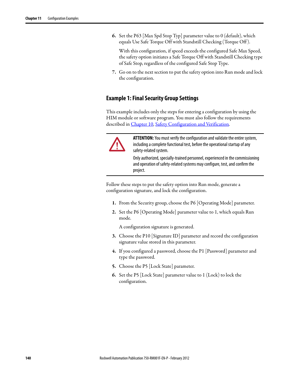 Example 1: final security group settings | Rockwell Automation 21G PowerFlex 750-Series AC Drives Reference Manual User Manual | Page 140 / 184