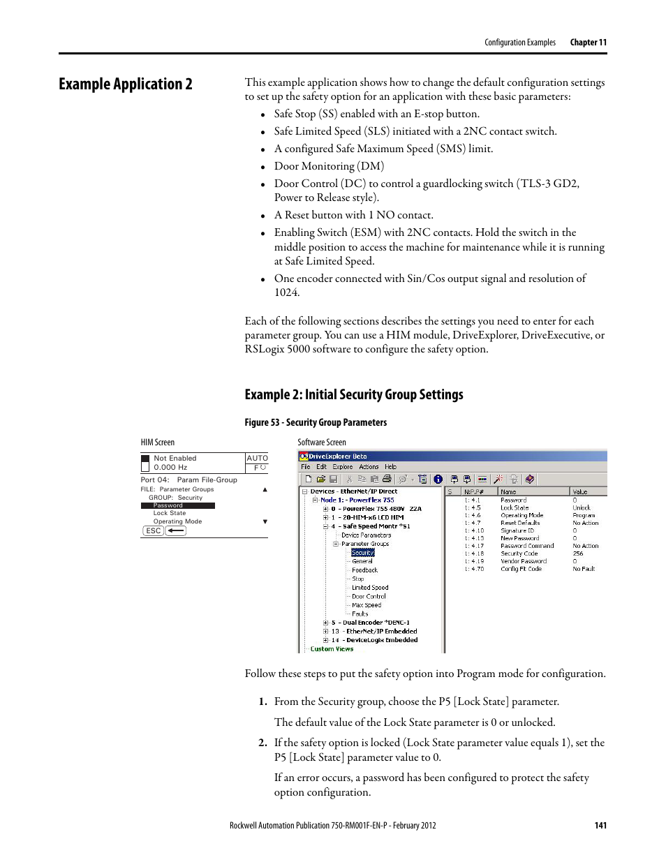 Example application 2, Example 2: initial security group settings | Rockwell Automation 21G PowerFlex 750-Series AC Drives Reference Manual User Manual | Page 141 / 184