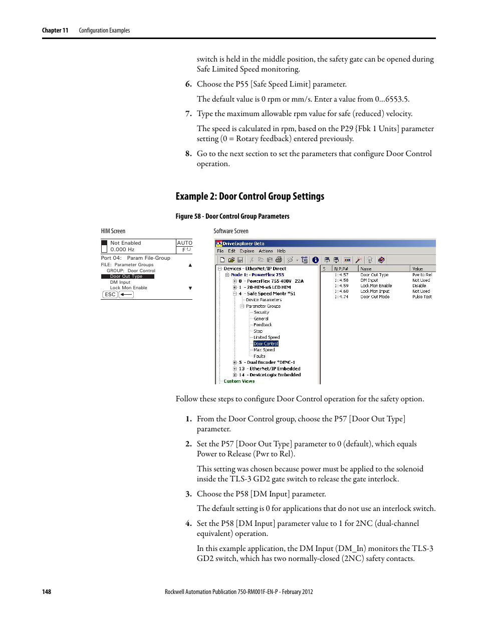 Example 2: door control group settings | Rockwell Automation 21G PowerFlex 750-Series AC Drives Reference Manual User Manual | Page 148 / 184