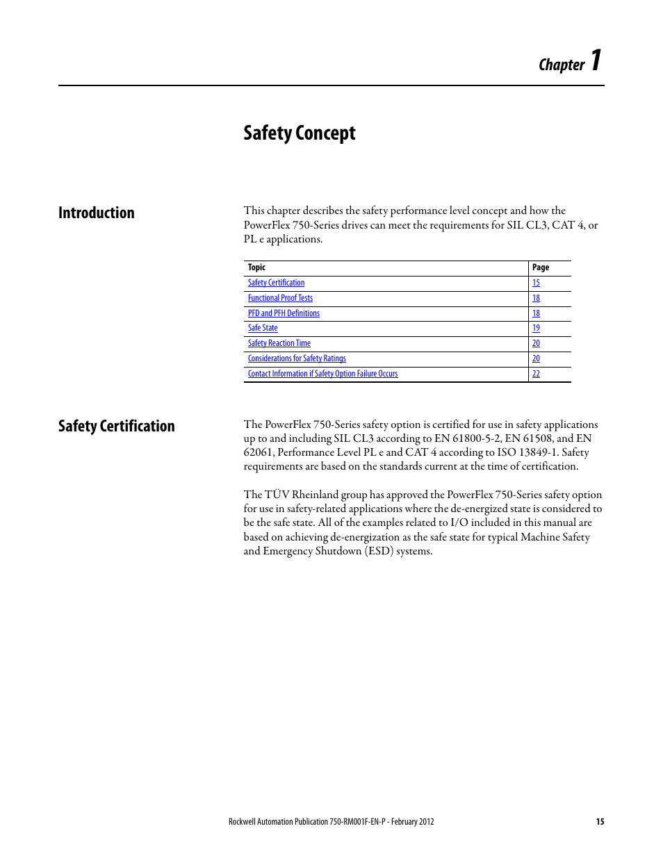 Safety concept, Introduction, Safety certification | Chapter 1, Introduction safety certification, Chapter | Rockwell Automation 21G PowerFlex 750-Series AC Drives Reference Manual User Manual | Page 15 / 184