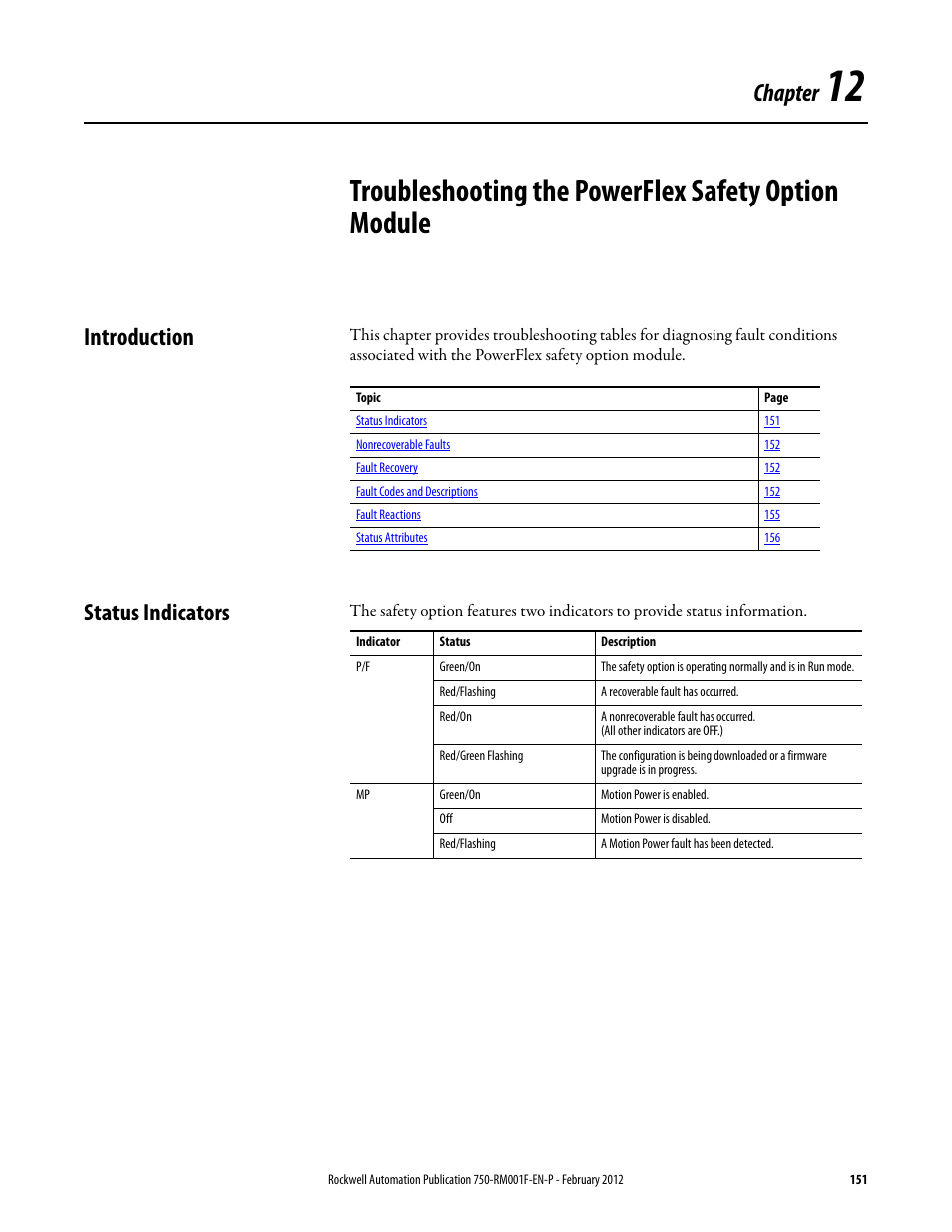 Troubleshooting the powerflex safety option module, Introduction, Status indicators | Chapter 12, Introduction status indicators, Troubleshooting the powerflex, Safety option module, Chapter | Rockwell Automation 21G PowerFlex 750-Series AC Drives Reference Manual User Manual | Page 151 / 184